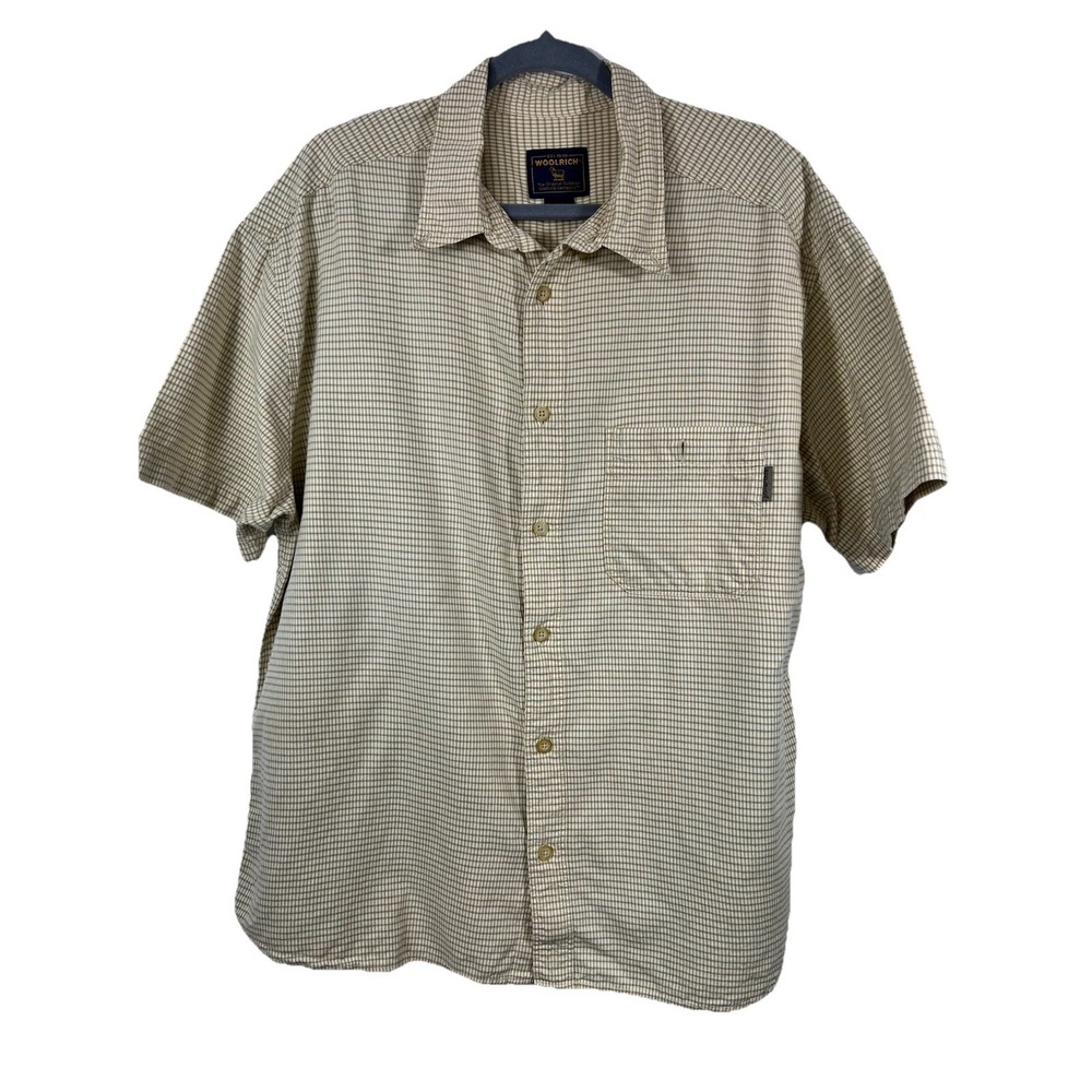 Woolrich Mens XL Short Sleeve Button Down Shirt Cotton Micro Check Gorpcore‎ Tan